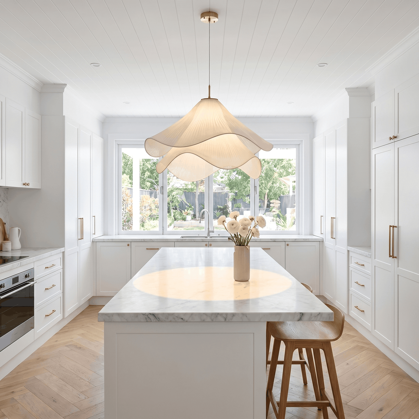 Fabric Japandi Pendant Light Cream Pleated Floral Shade Nordic Minimalist Ceiling Fixture