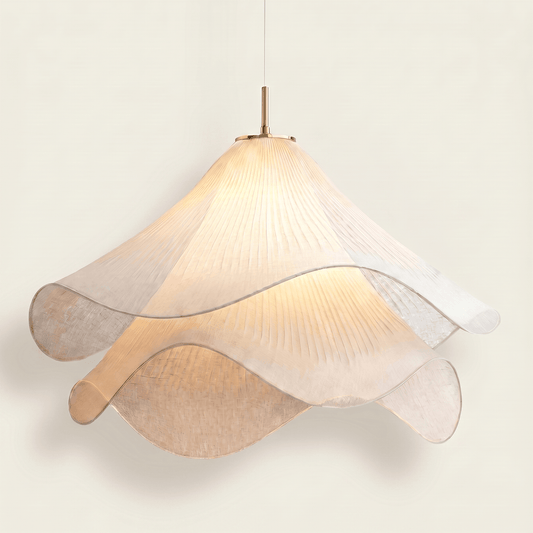 Japandi Fabric Pendant Light Cream Pleated Floral Shade Dining Room
